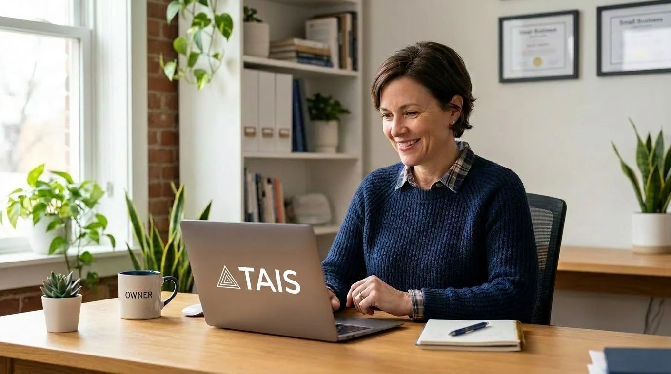 A small business owner working at a laptop in a bright office