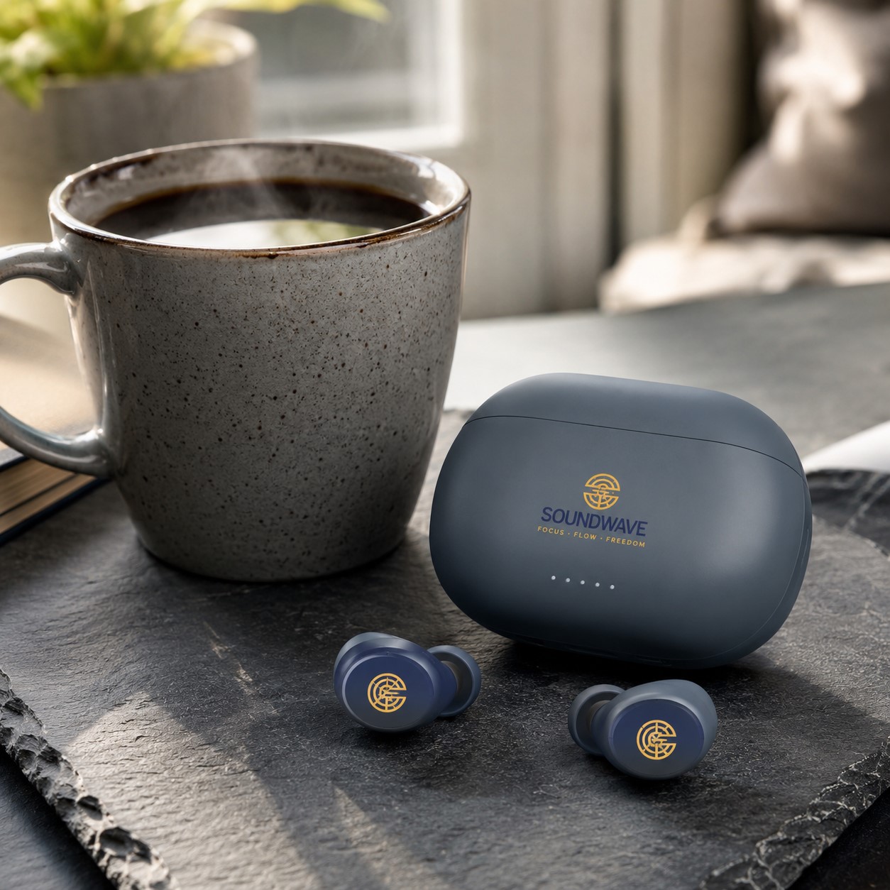 Wireless earbuds on a slate surface beside a coffee cup with warm morning light