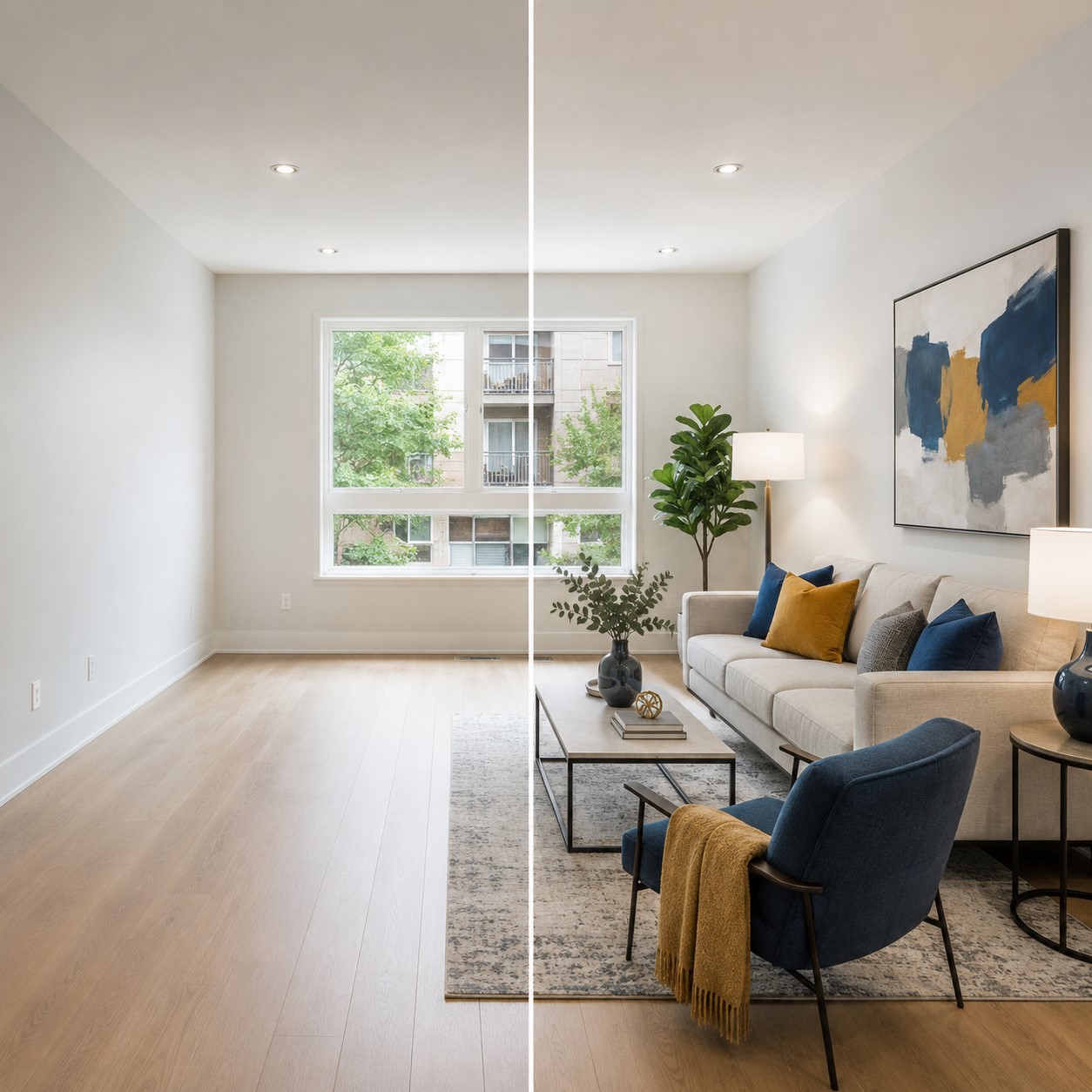 Bare living room transformed with modern furniture, plants, and framed art