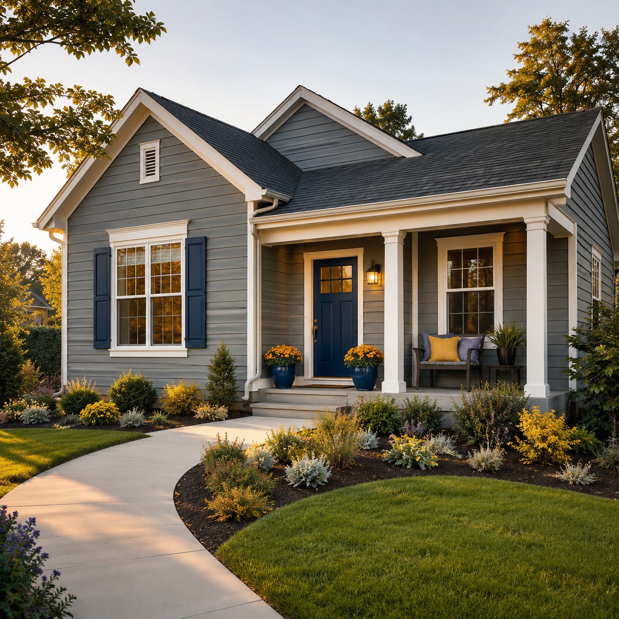 Suburban house with enhanced landscaping and golden-hour lighting