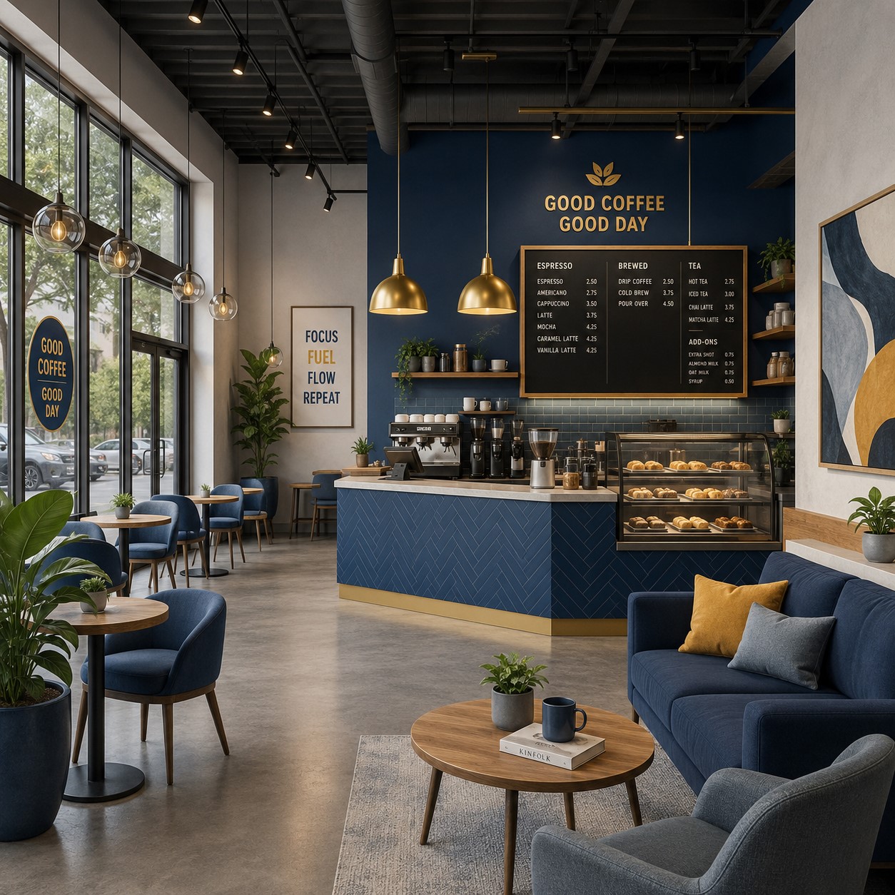 Empty retail unit visualized as a coffee shop interior, 3D rendered