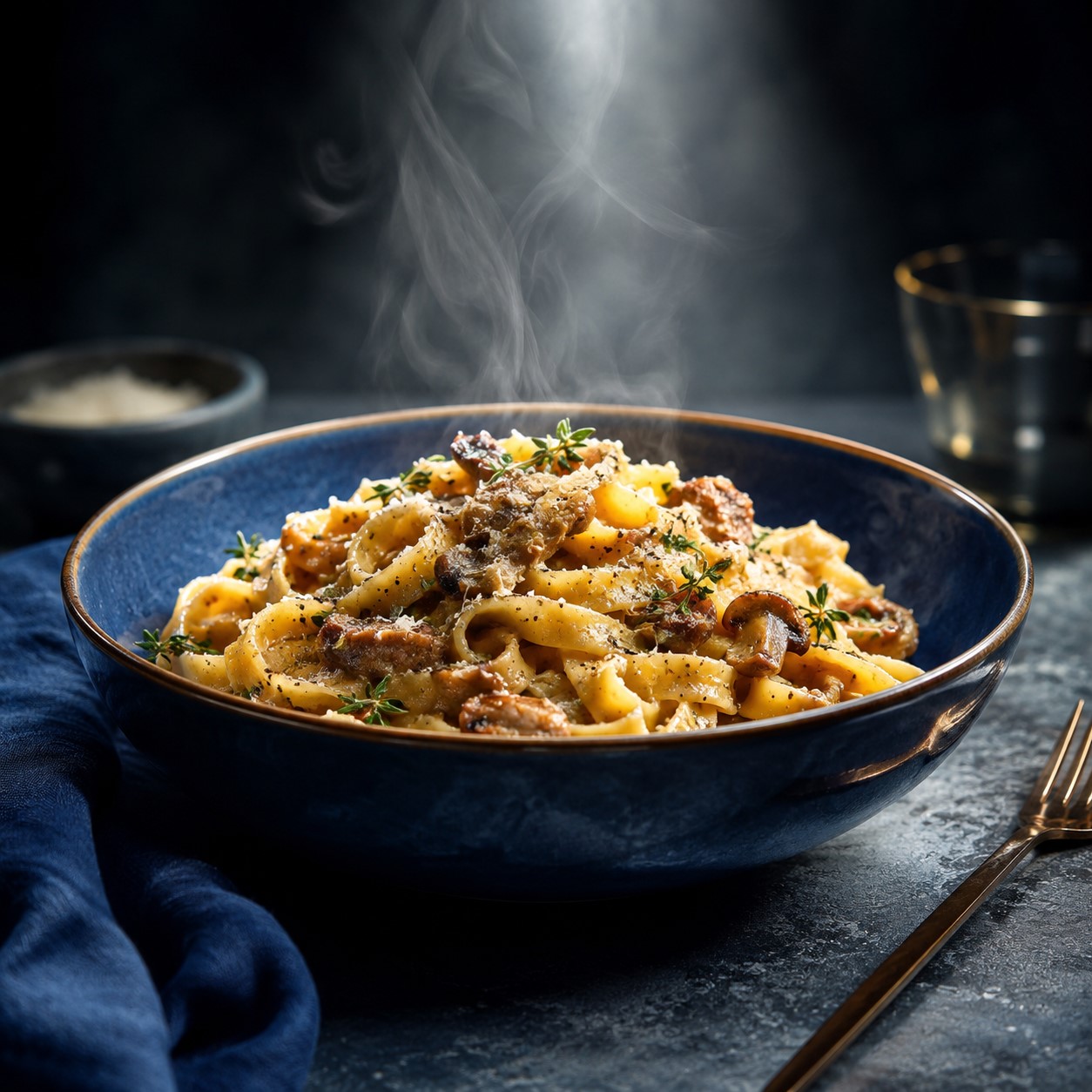 Bowl of pasta with steam rising, dramatic dark background and single spotlight beam