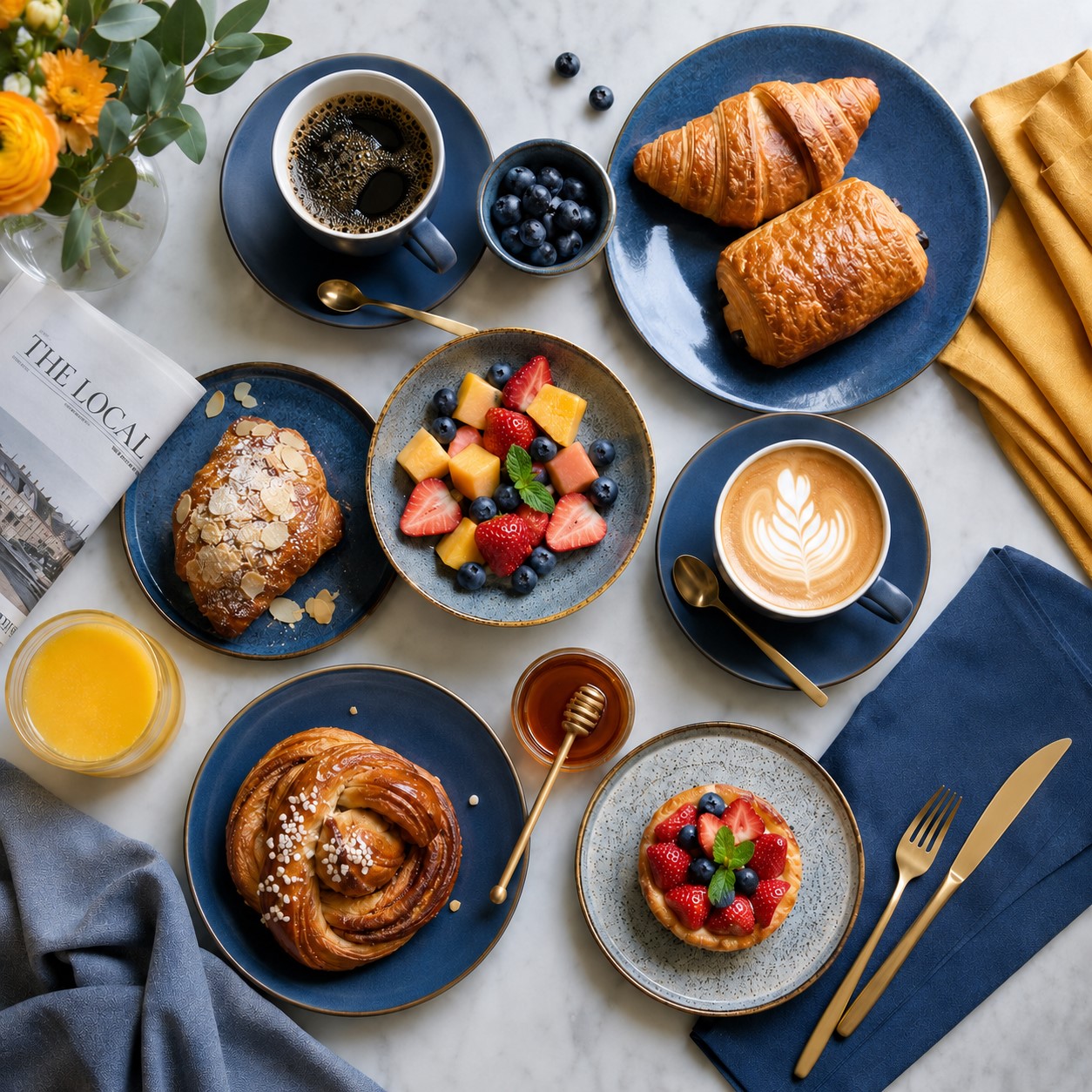 Overhead flat-lay of coffee, pastries, and fruit arranged on a light surface