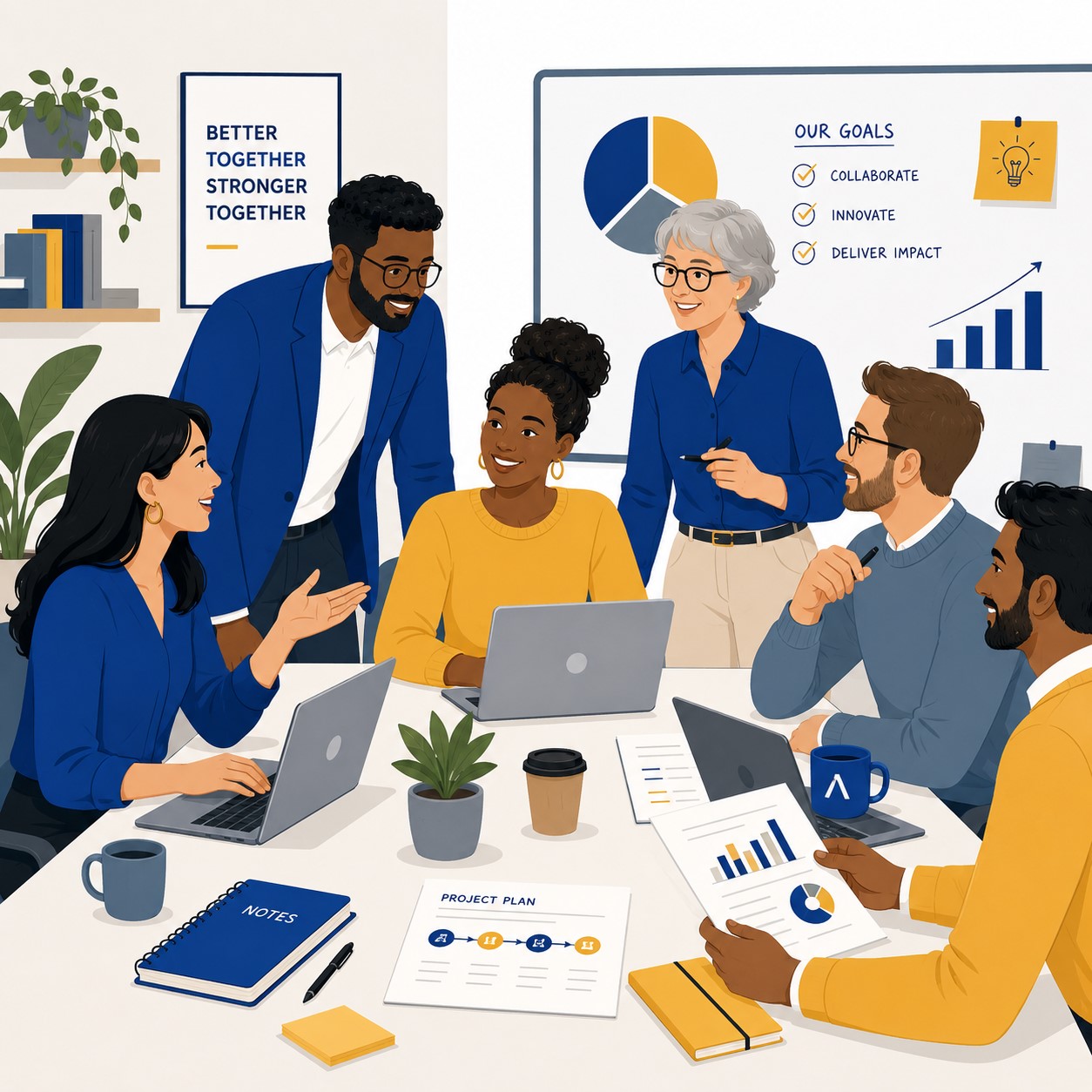 Diverse group of illustrated professionals collaborating around a table, flat illustration style