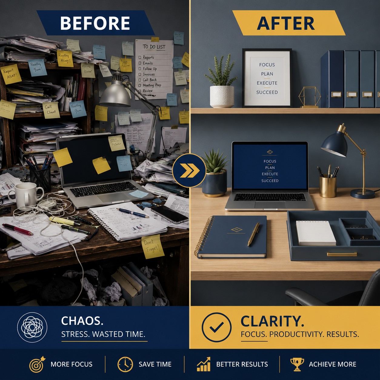 Split graphic showing a cluttered desk on the left and a clean organized workspace on the right