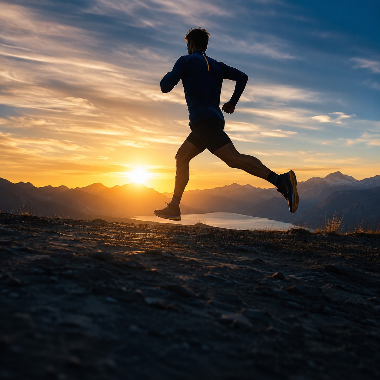 Runner silhouetted against a dramatic sunrise with bold text overlay space at the bottom