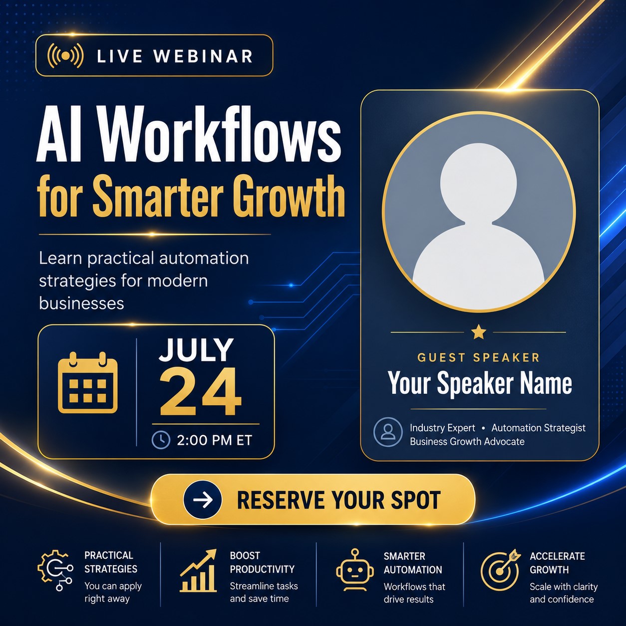 Webinar event announcement card with speaker placeholder, date badge, and glowing accent lines
