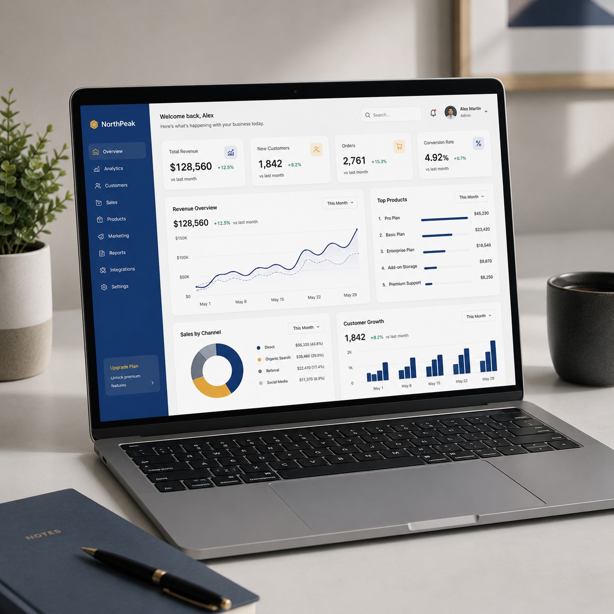 Sleek MacBook displaying a clean analytics dashboard on a minimalist desk, 3D rendered