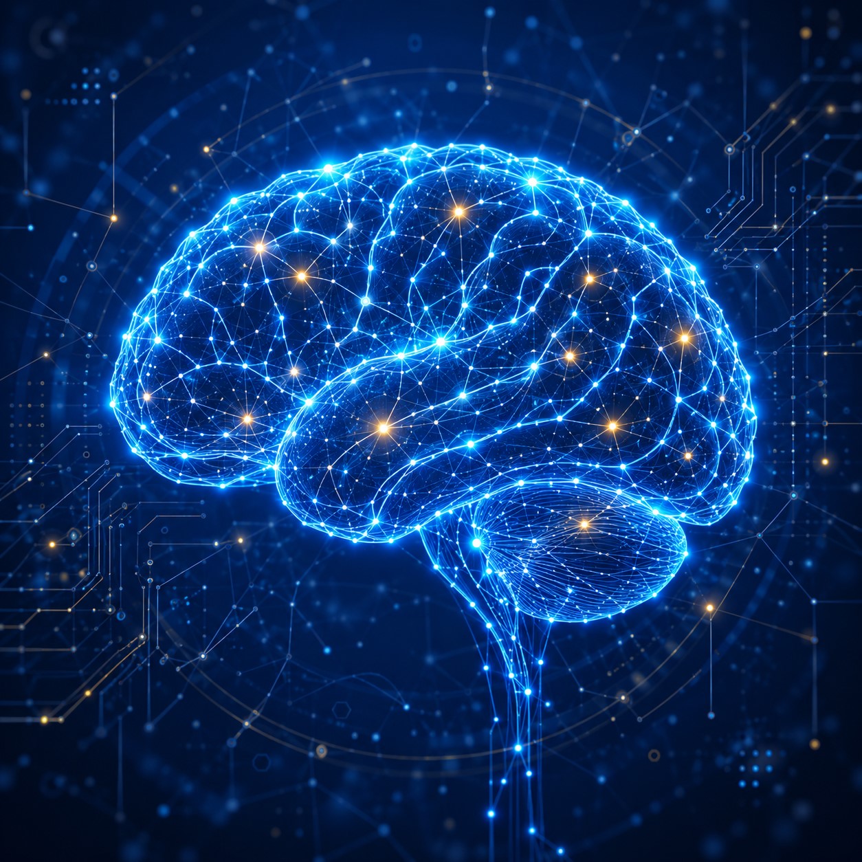 Glowing neural network pattern forming a human brain shape in deep blue and electric cyan