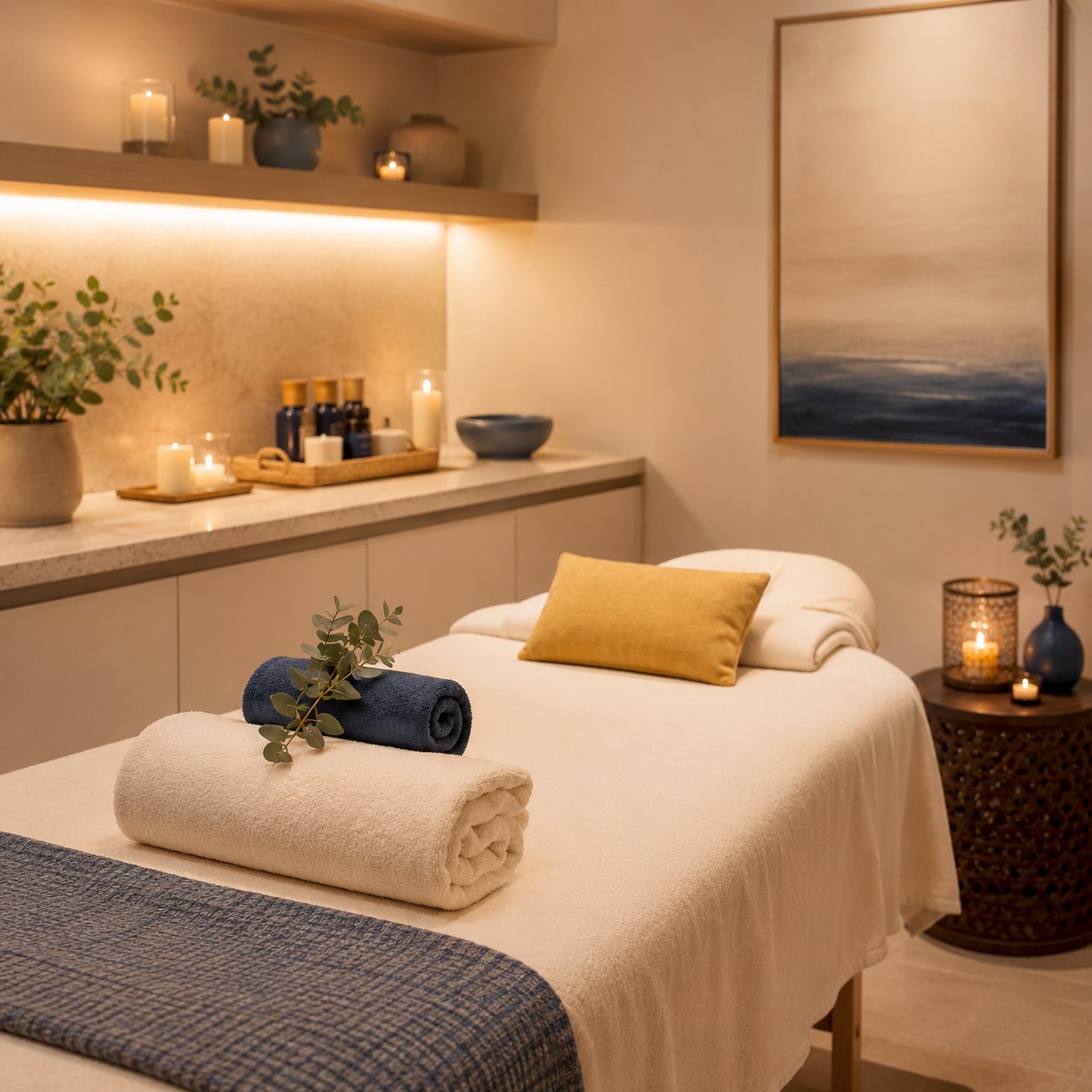 Serene spa treatment room with candles, towels, and soft bokeh in warm cream tones