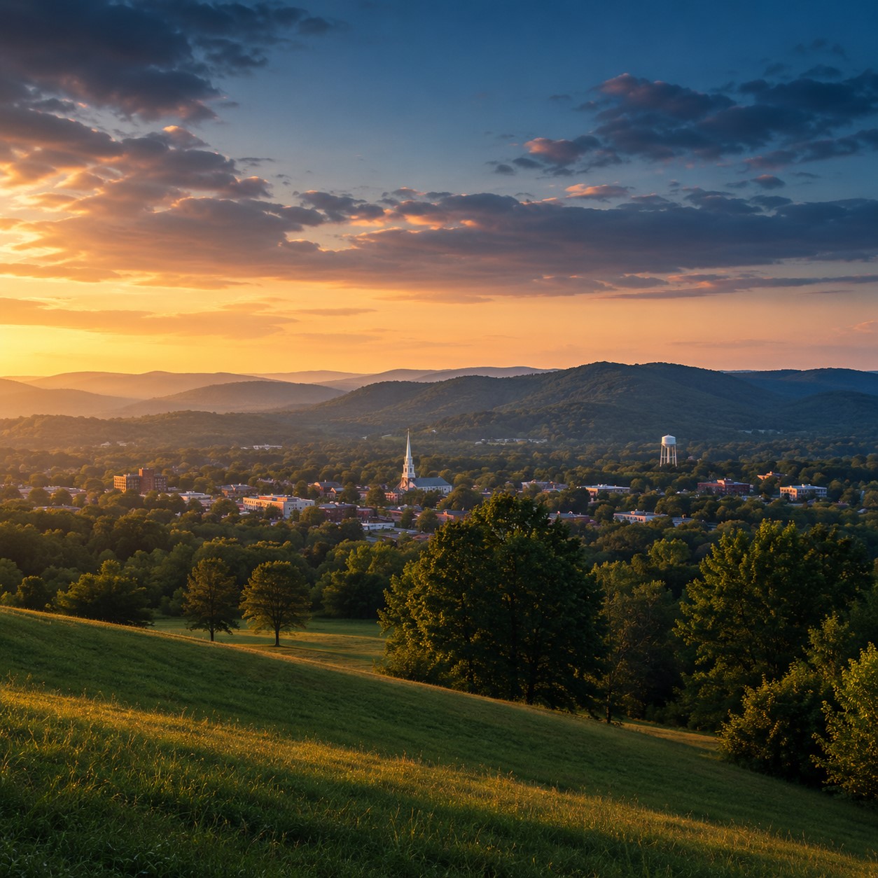 Rolling Tennessee green hills at dusk with a small-town skyline and cinematic golden light